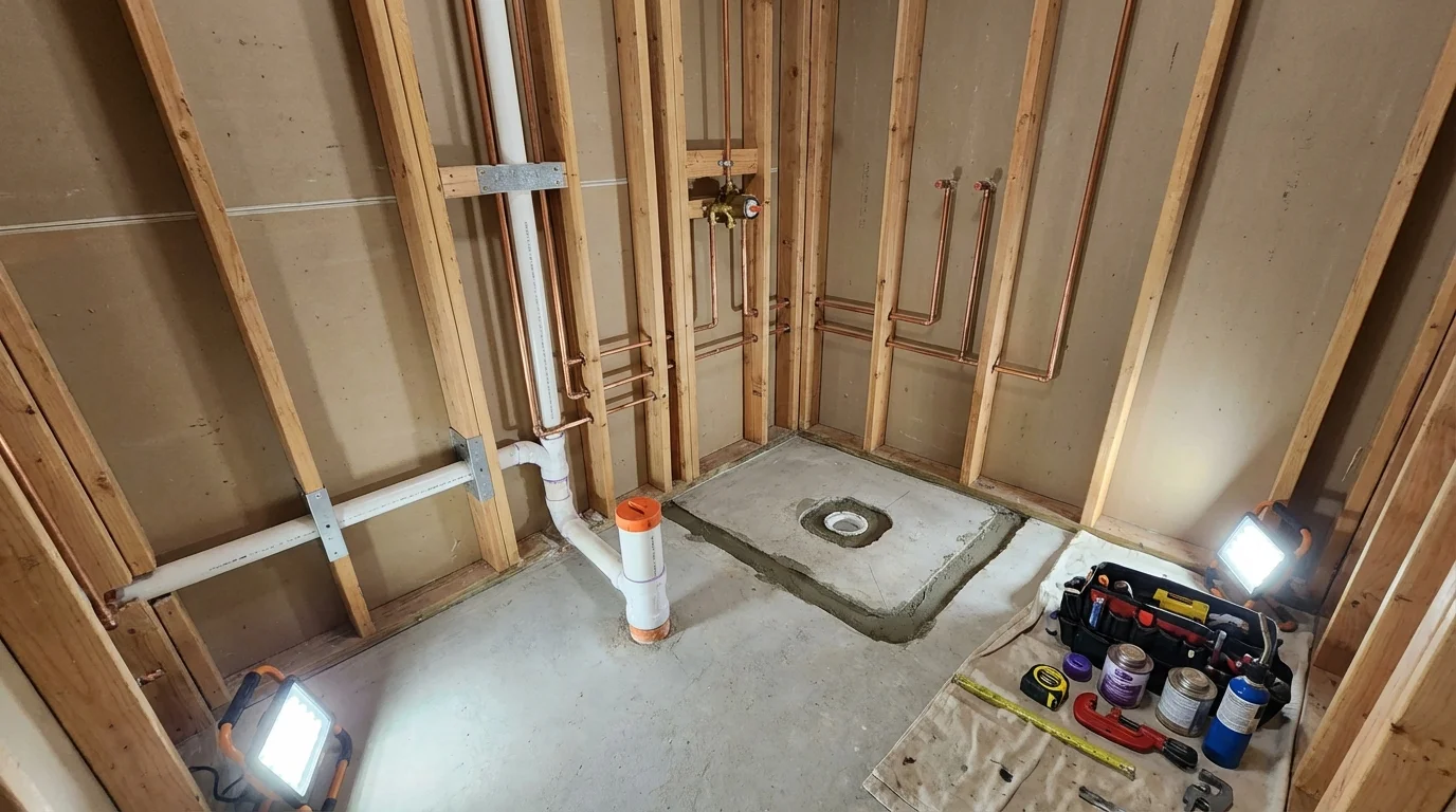 Bathroom rough-in plumbing during remodel by Johns Plumbing LLC in Glen Cove