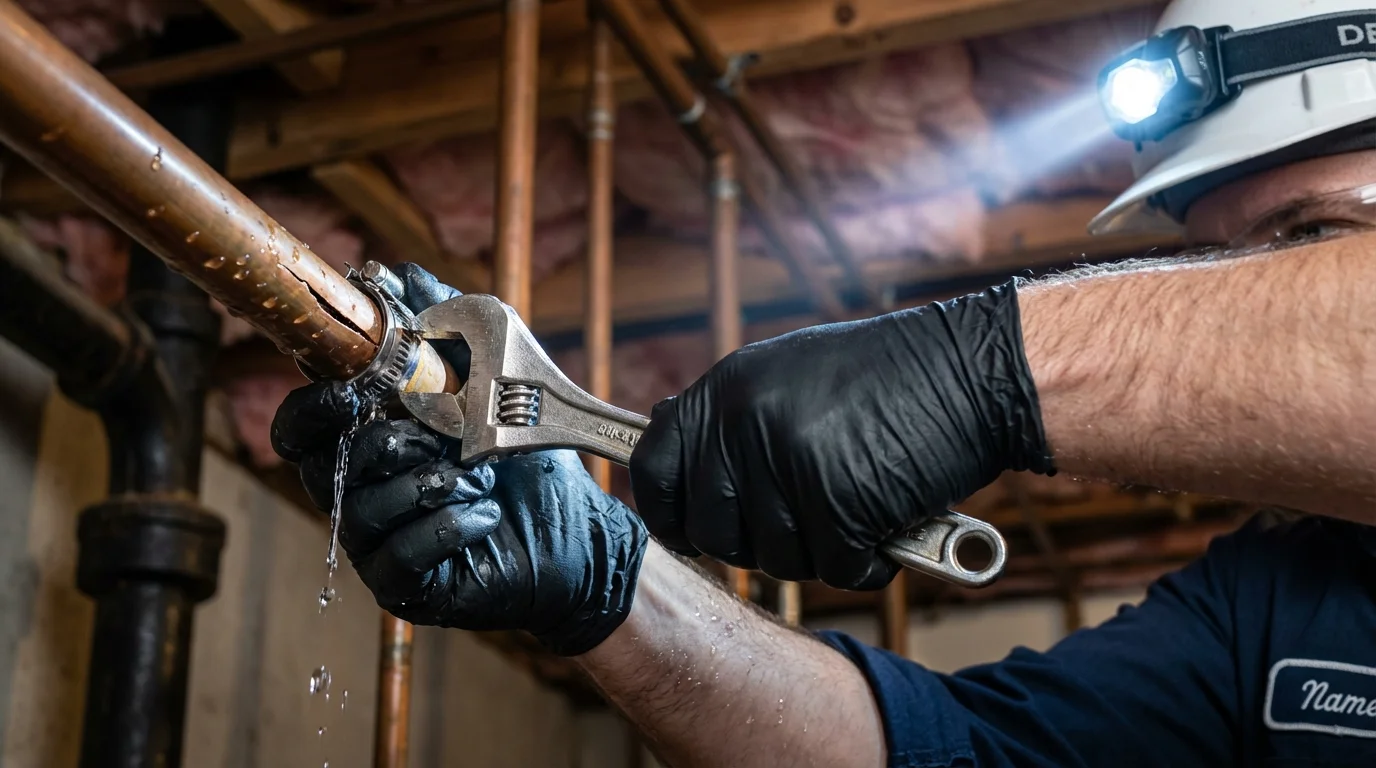 Emergency pipe clamp repair being performed by a Johns Plumbing LLC plumber in Glen Cove