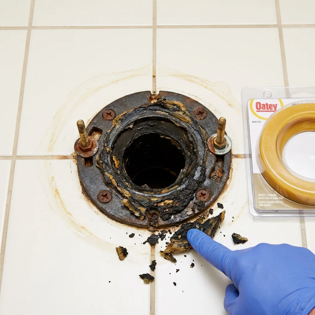 Failed wax ring showing water seepage at the base of a toilet in a Glen Cove, NY home