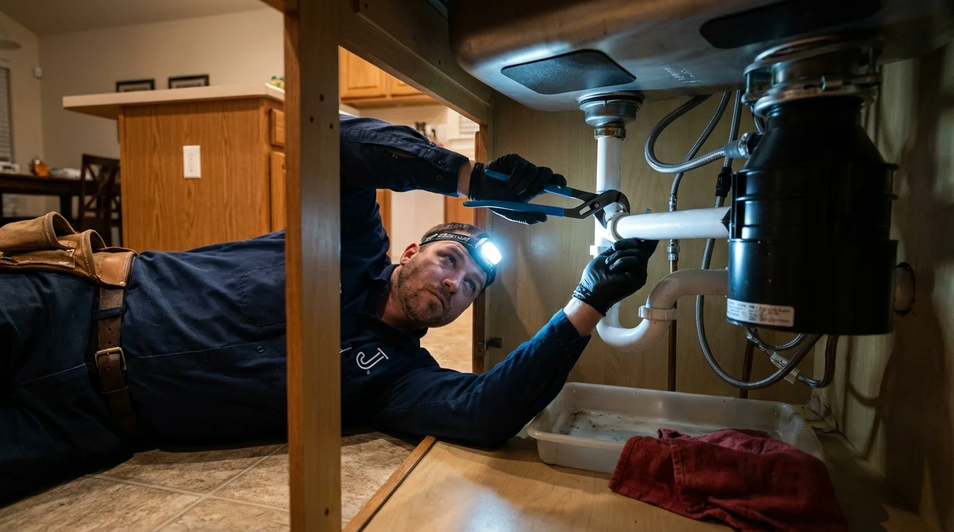 P-trap and supply line connections under a kitchen sink showing a common leak point in Glen Cove, NY